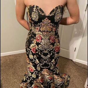 Jovani Black and Gold Floral Prom Dress
